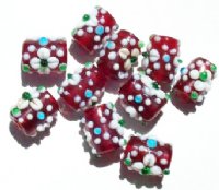 10 15mm Dark Red with White Flower Bumpy Barrel Beads
